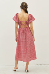 Red Textured Plaid Pen Back Midi Dress