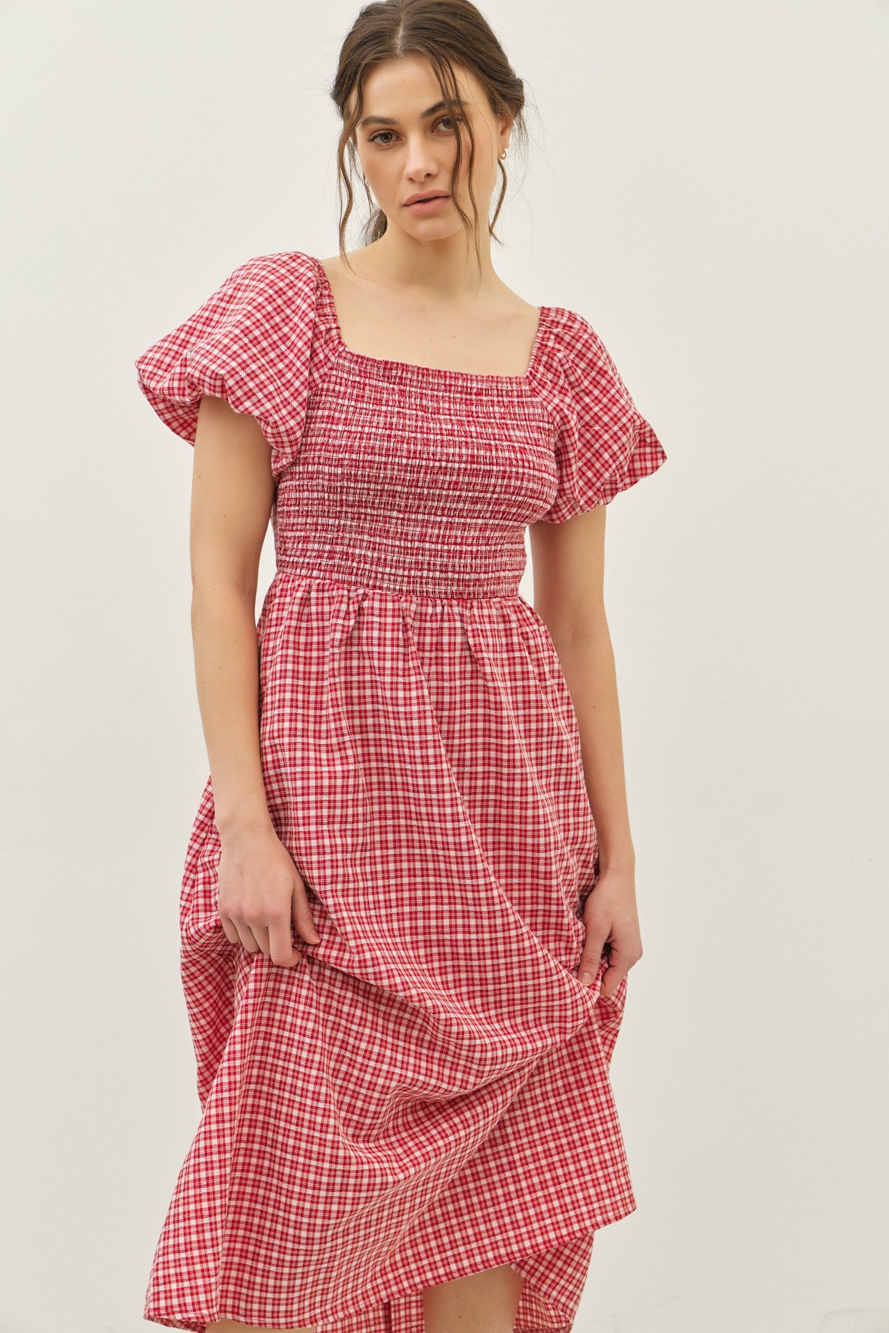 Red Textured Plaid Pen Back Midi Dress