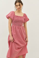 Red Textured Plaid Pen Back Midi Dress