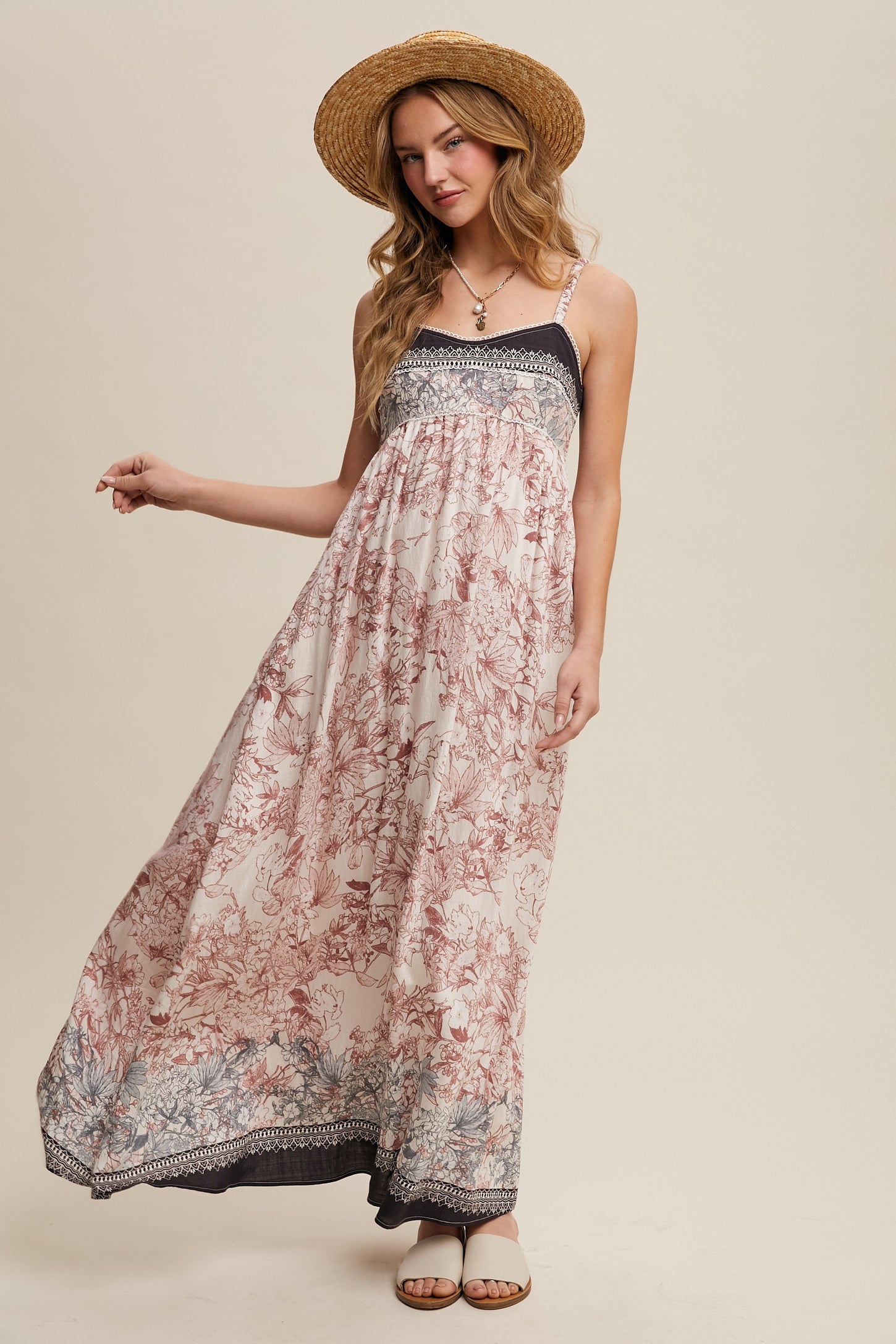 Charcoal Floral Contrast Border Maxi Dress