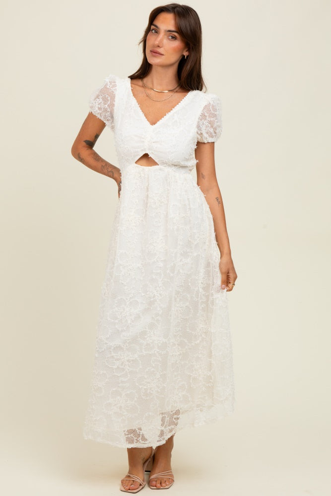 Cream Embroidered Lace Cutout Maternity Midi Dress