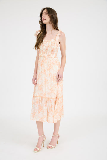 Peach Floral Smocked Shoulder Tie Midi Dress
