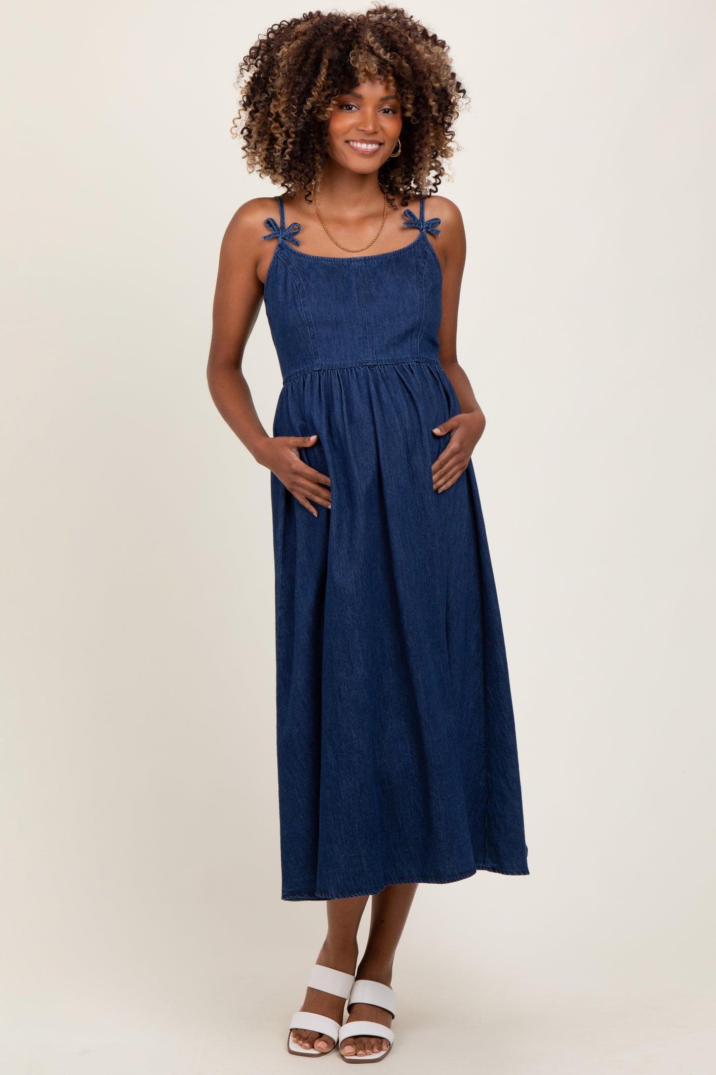 Navy Denim Sleeveless Bow Detail Maternity Midi Dress
