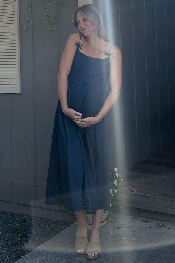 Navy Denim Sleeveless Bow Detail Maternity Midi Dress
