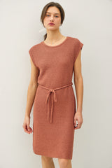 Light Rust Waffle Knit Sash Tie Short Sleeve Dress