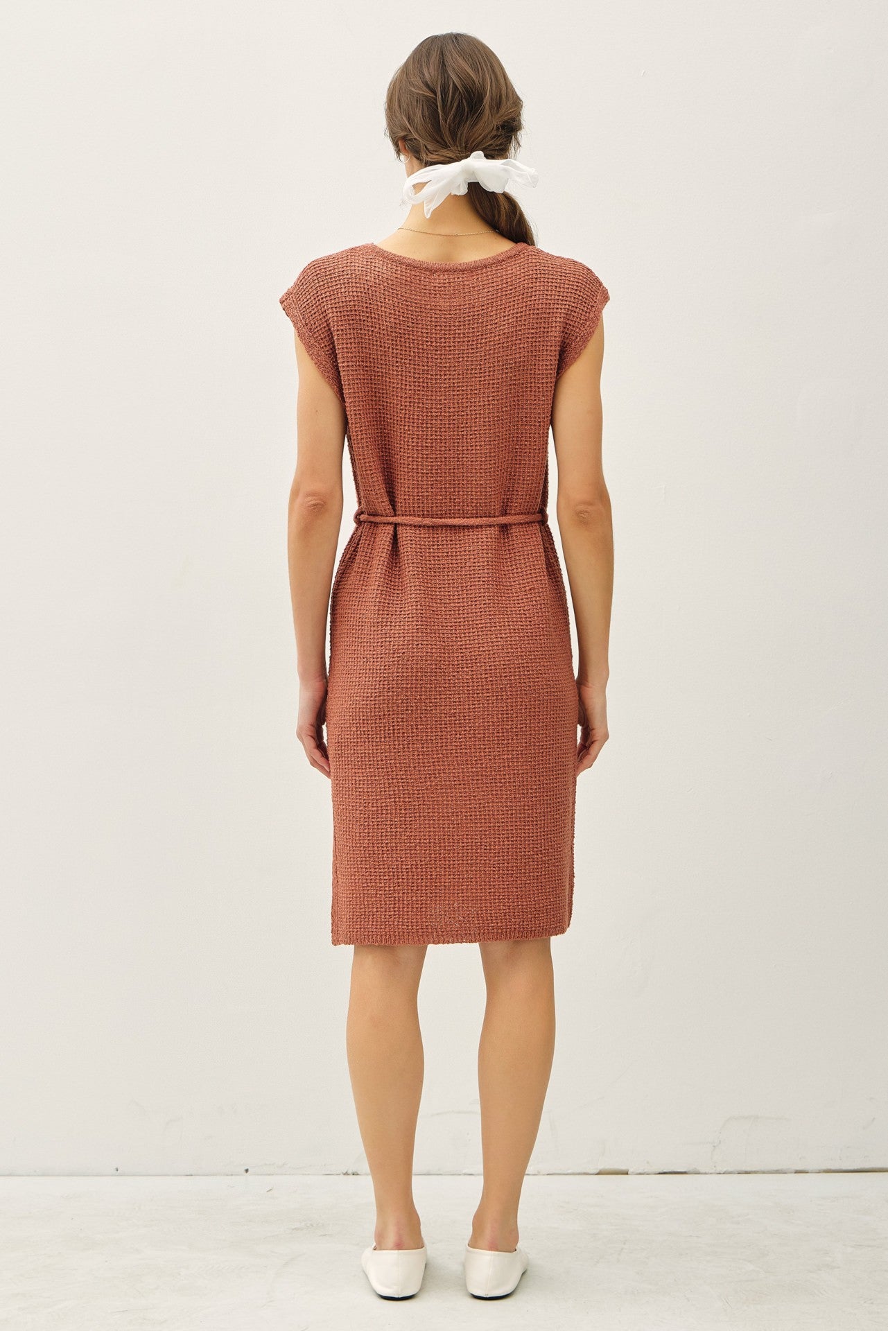 Light Rust Waffle Knit Sash Tie Short Sleeve Dress