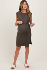 Olive Waffle Knit Sash Tie Short Sleeve Maternity Dress