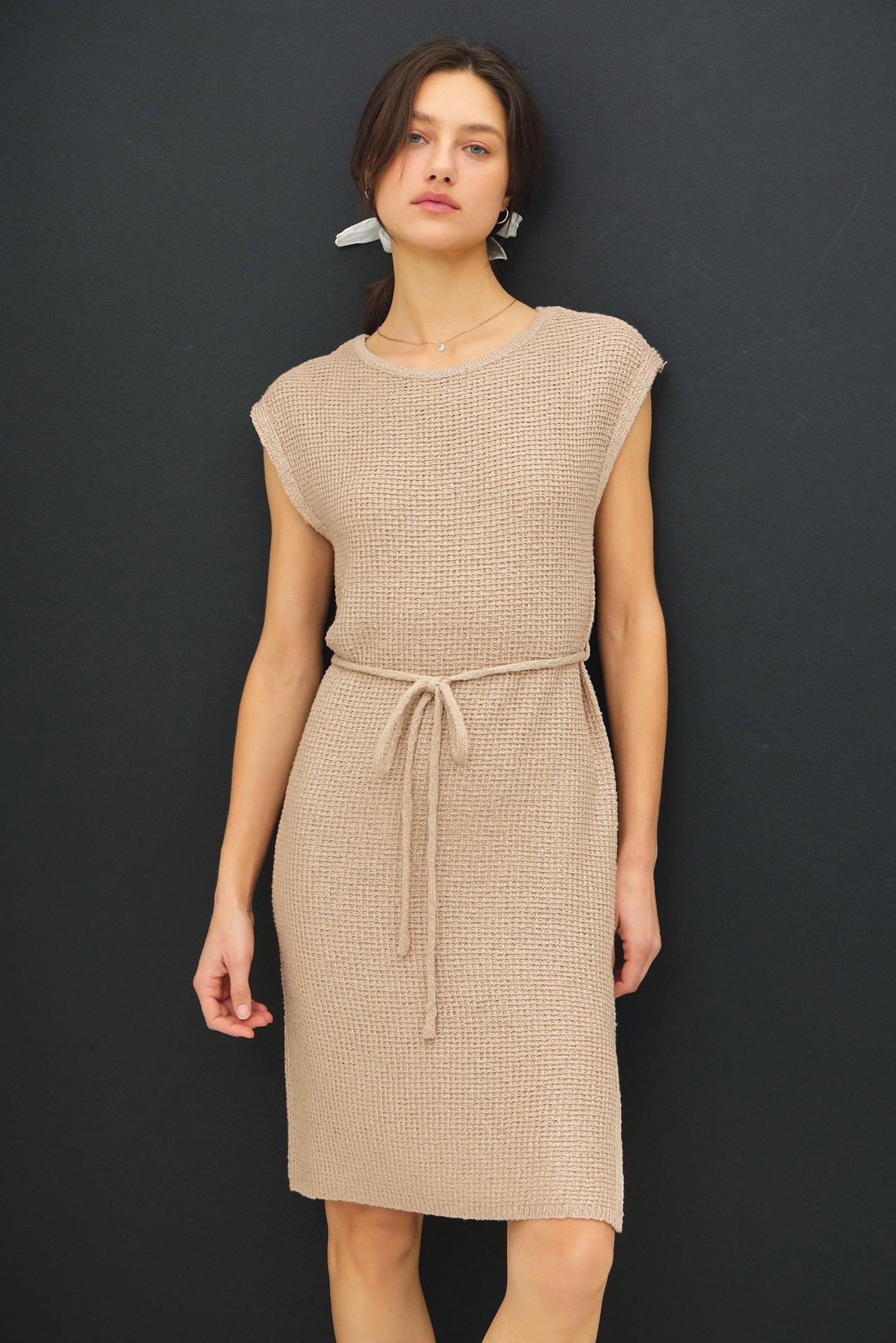 Beige Waffle Knit Sash Tie Short Sleeve Maternity Dress