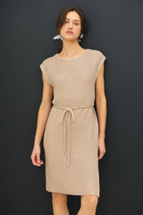Beige Waffle Knit Sash Tie Short Sleeve Maternity Dress