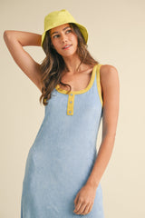 Light Blue Contrast Trim Terry Knit Sleeveless Dress