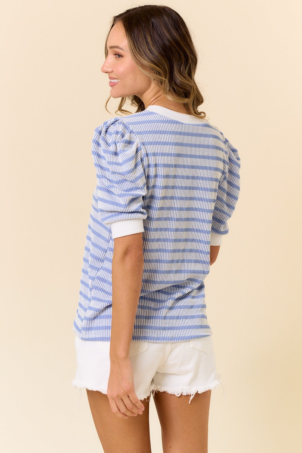 Blue Textured Stripe Puff Sleeve Top
