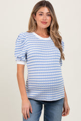 Blue Textured Stripe Puff Sleeve Maternity Top