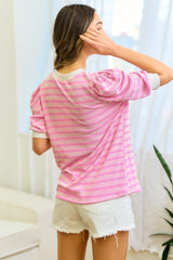Pink Textured Stripe Puff Sleeve Top