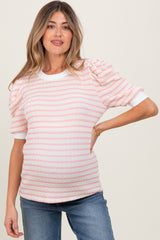 Pink Textured Stripe Puff Sleeve Maternity Top