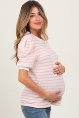 Pink Textured Stripe Puff Sleeve Maternity Top