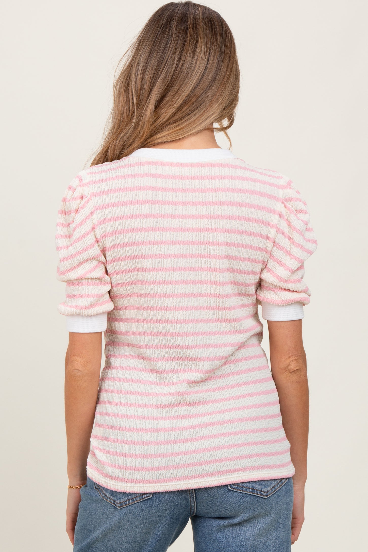 Pink Textured Stripe Puff Sleeve Maternity Top