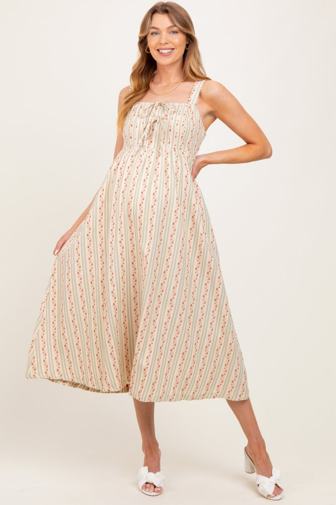 Light Olive Floral Embroidered Striped Maternity Midi Dress