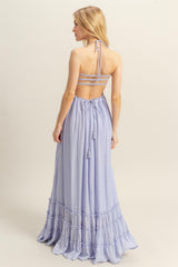 Lavender Halter Neck Smocked Tiered Hem Maxi Dress