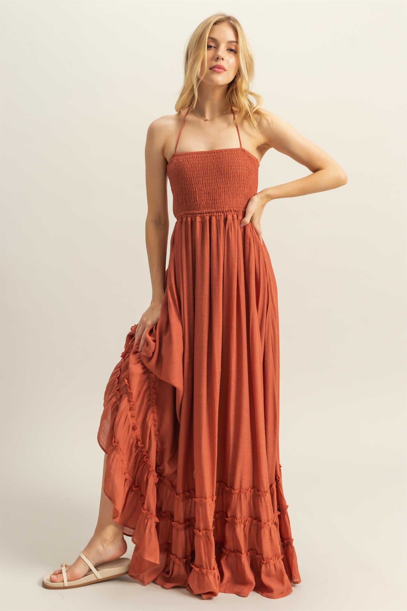 Rust Halter Neck Smocked Tiered Hem Maternity Maxi Dress