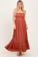 Rust Halter Neck Smocked Tiered Hem Maternity Maxi Dress