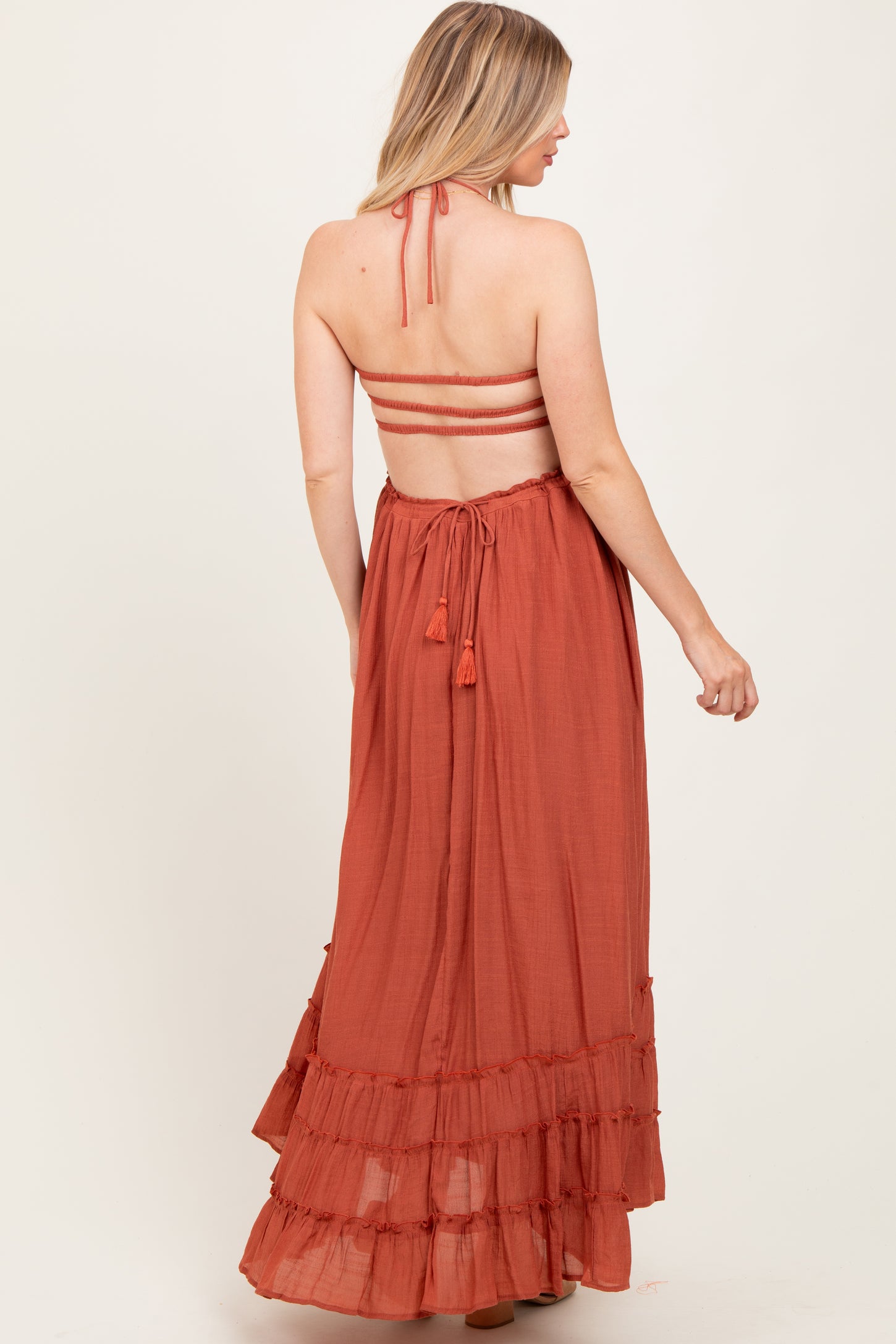 Rust Halter Neck Smocked Tiered Hem Maternity Maxi Dress