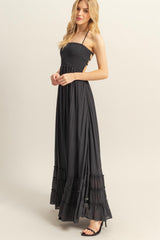 Black Halter Neck Smocked Tiered Hem Maxi Dress