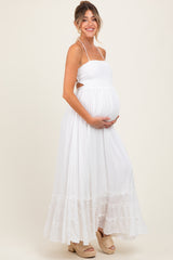 White Halter Neck Smocked Tiered Hem Maternity Maxi Dress