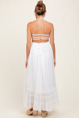 White Halter Neck Smocked Tiered Hem Maternity Maxi Dress