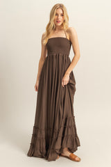 Brown Halter Neck Smocked Tiered Hem Maternity Maxi Dress