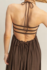 Brown Halter Neck Smocked Tiered Hem Maxi Dress