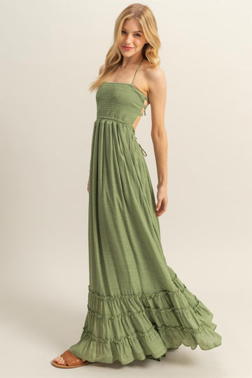 Light Olive Halter Neck Smocked Tiered Hem Maxi Dress