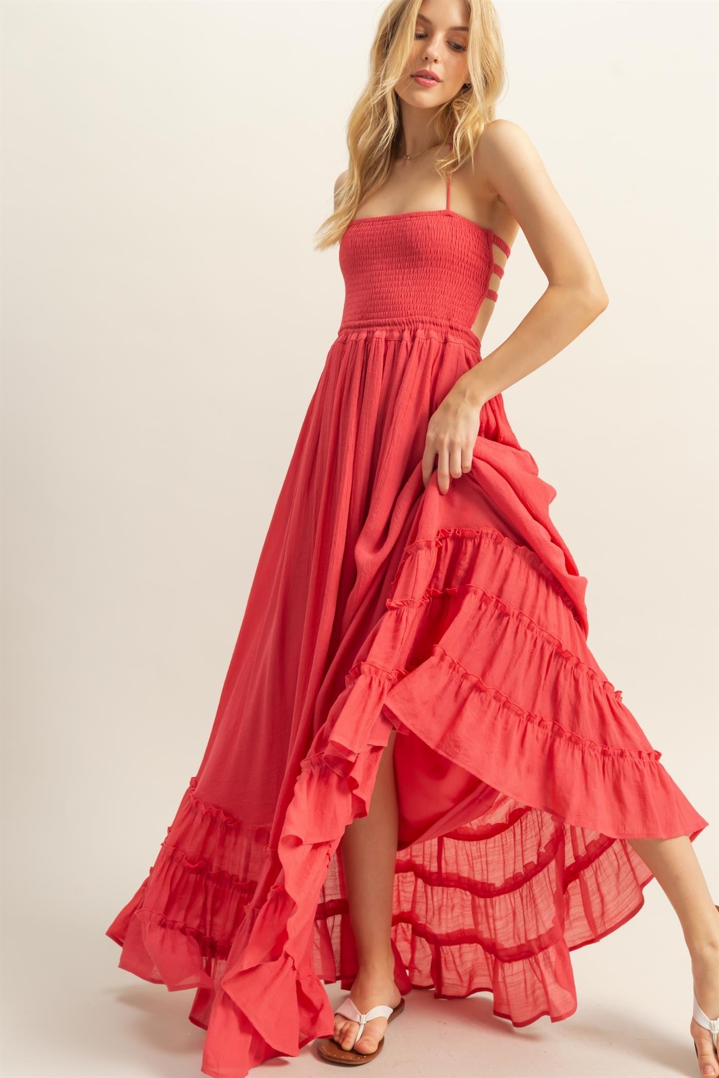 Coral Halter Neck Smocked Tiered Hem Maxi Dress