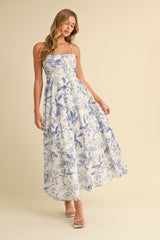 Blue Spaghetti Strap Printed A-Line Midi Dress