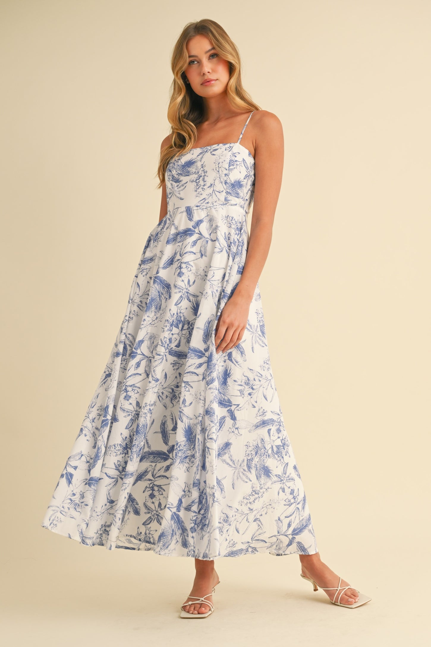 Blue Spaghetti Strap Printed A-Line Midi Dress
