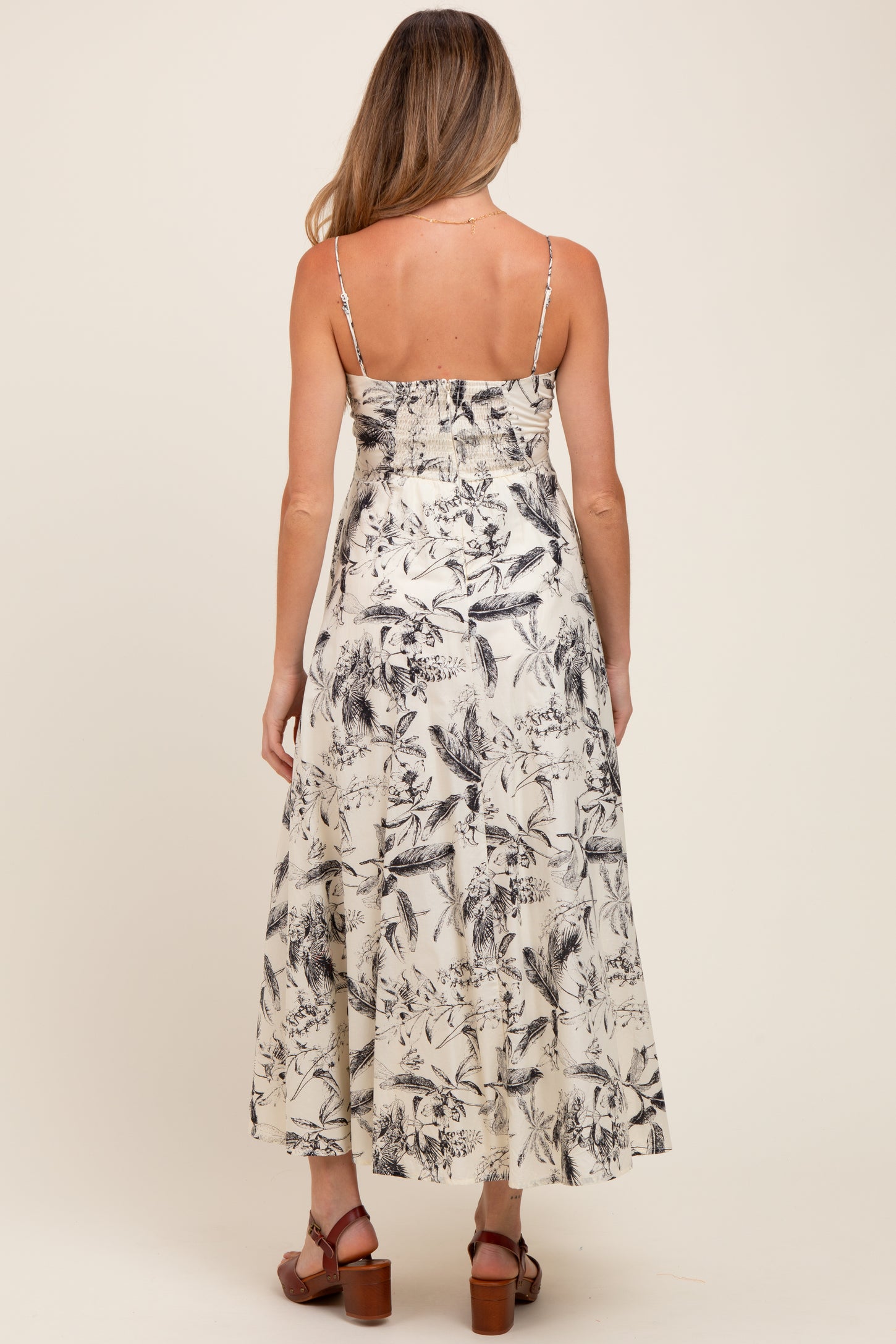 Cream Spaghetti Strap Printed A-Line Maternity Midi Dress