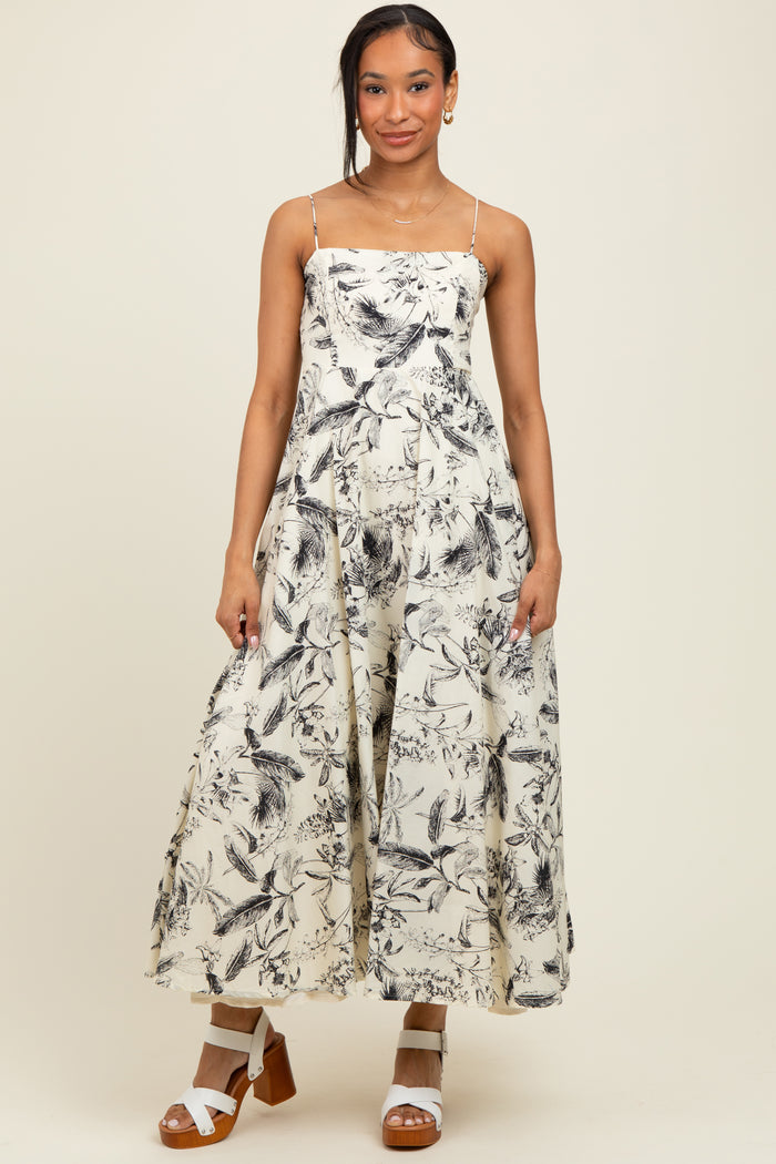 Cream Spaghetti Strap Printed A-Line Maternity Midi Dress