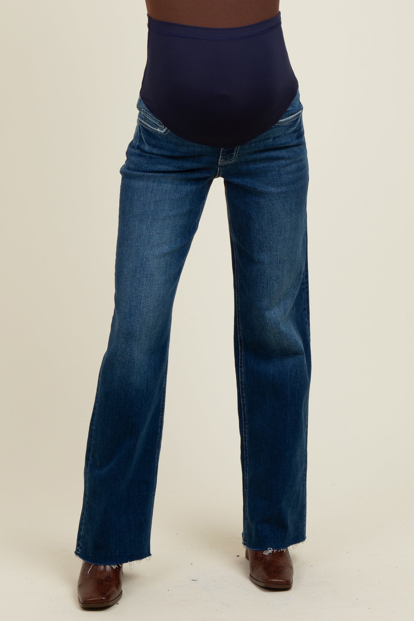 Navy Raw Hem Slim Wide Leg Maternity Jeans