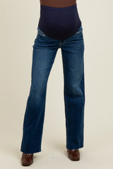 Navy Raw Hem Slim Wide Leg Maternity Jeans