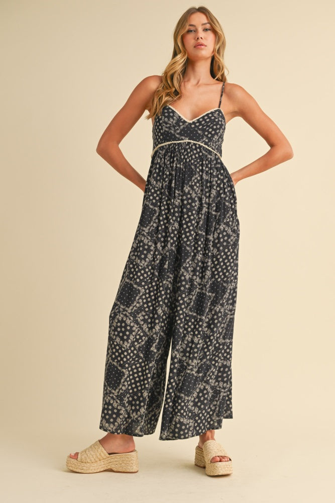 Black Paisley Printed Wide Relaxed Fit Jumpsuit