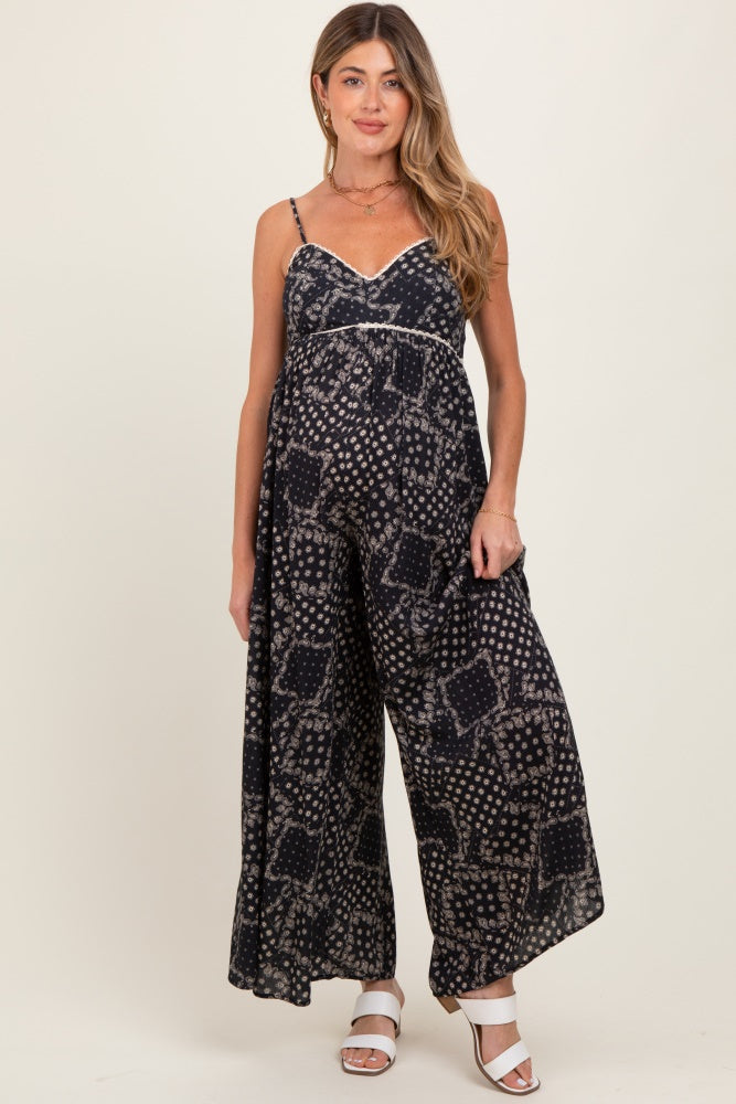 Black Paisley Printed Wide Relaxed Fit Maternity Jumpsuit