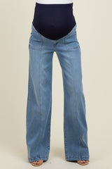 Blue Front Seam Super Wide Leg Maternity Jeans