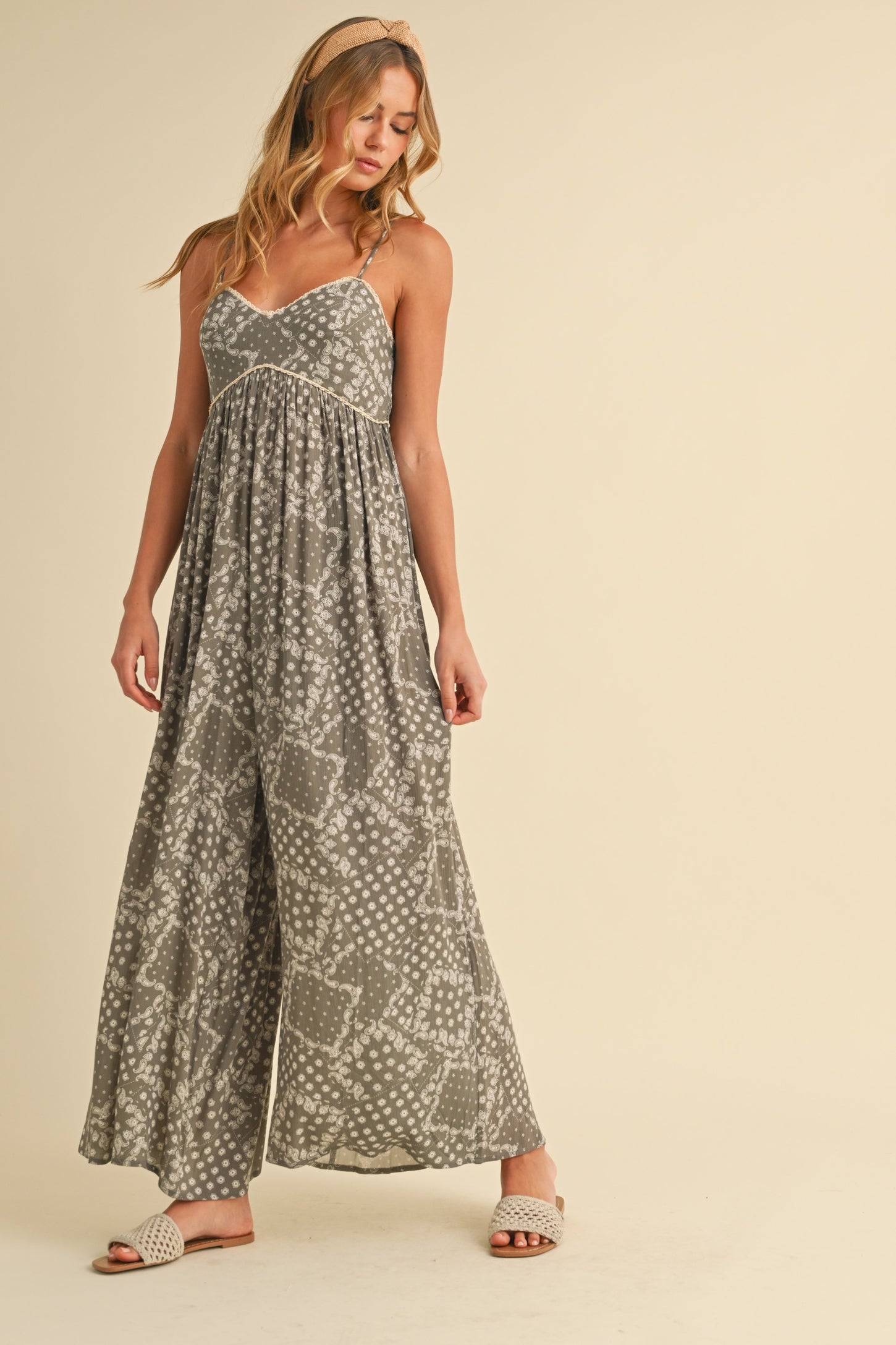 Olive Paisley Printed Wide Relaxed Fit Jumpsuit