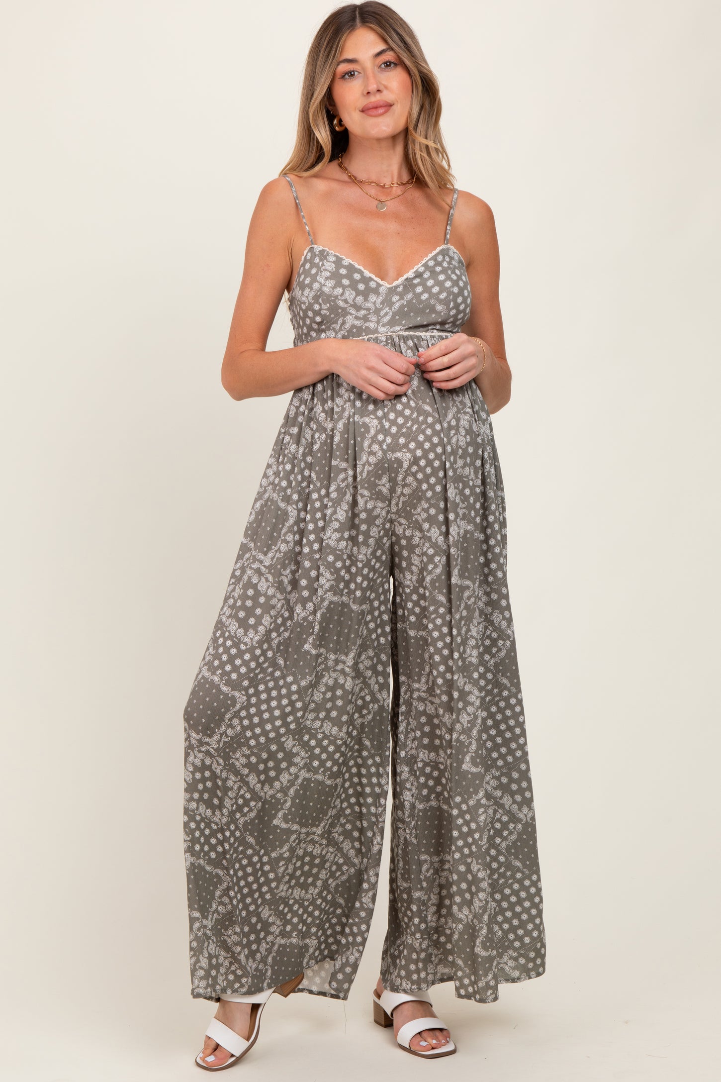 Olive Paisley Printed Wide Relaxed Fit Maternity Jumpsuit