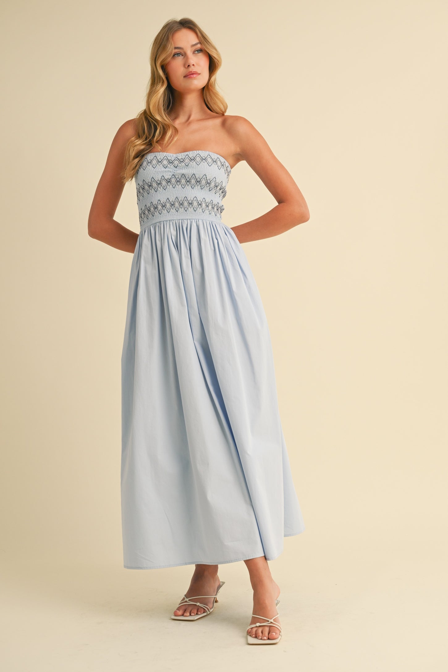 Light Blue Embroidered Strapless Smocked Bodice Flared Maternity Midi Dress