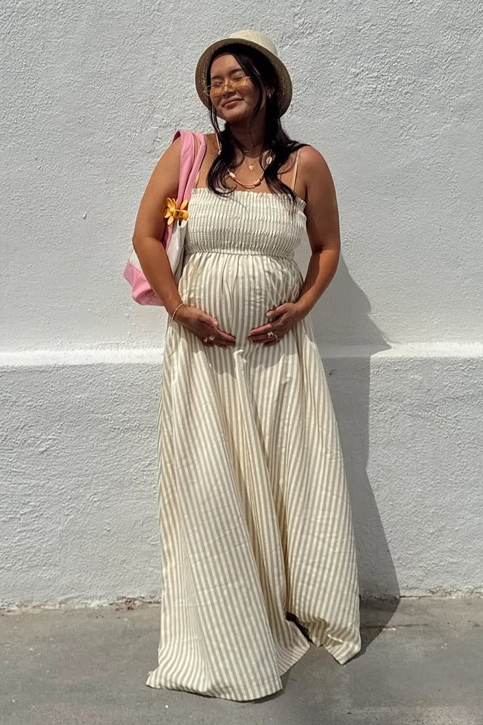 Beige Striped Sleeveless Smocked Poplin Maternity Maxi Dress