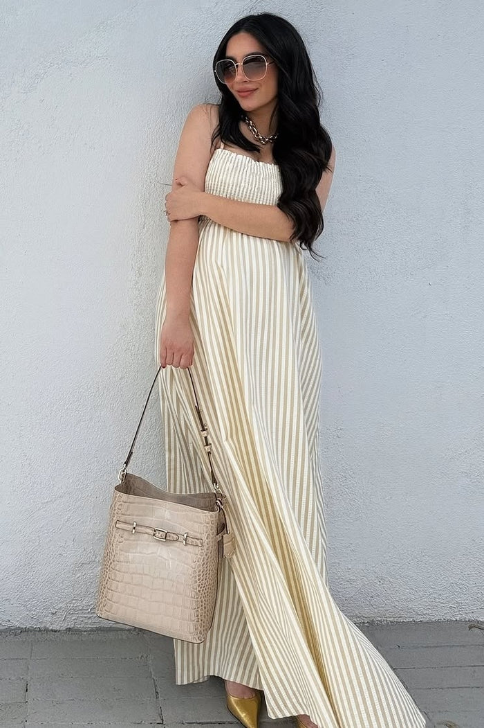 Beige Striped Sleeveless Smocked Poplin Maternity Maxi Dress