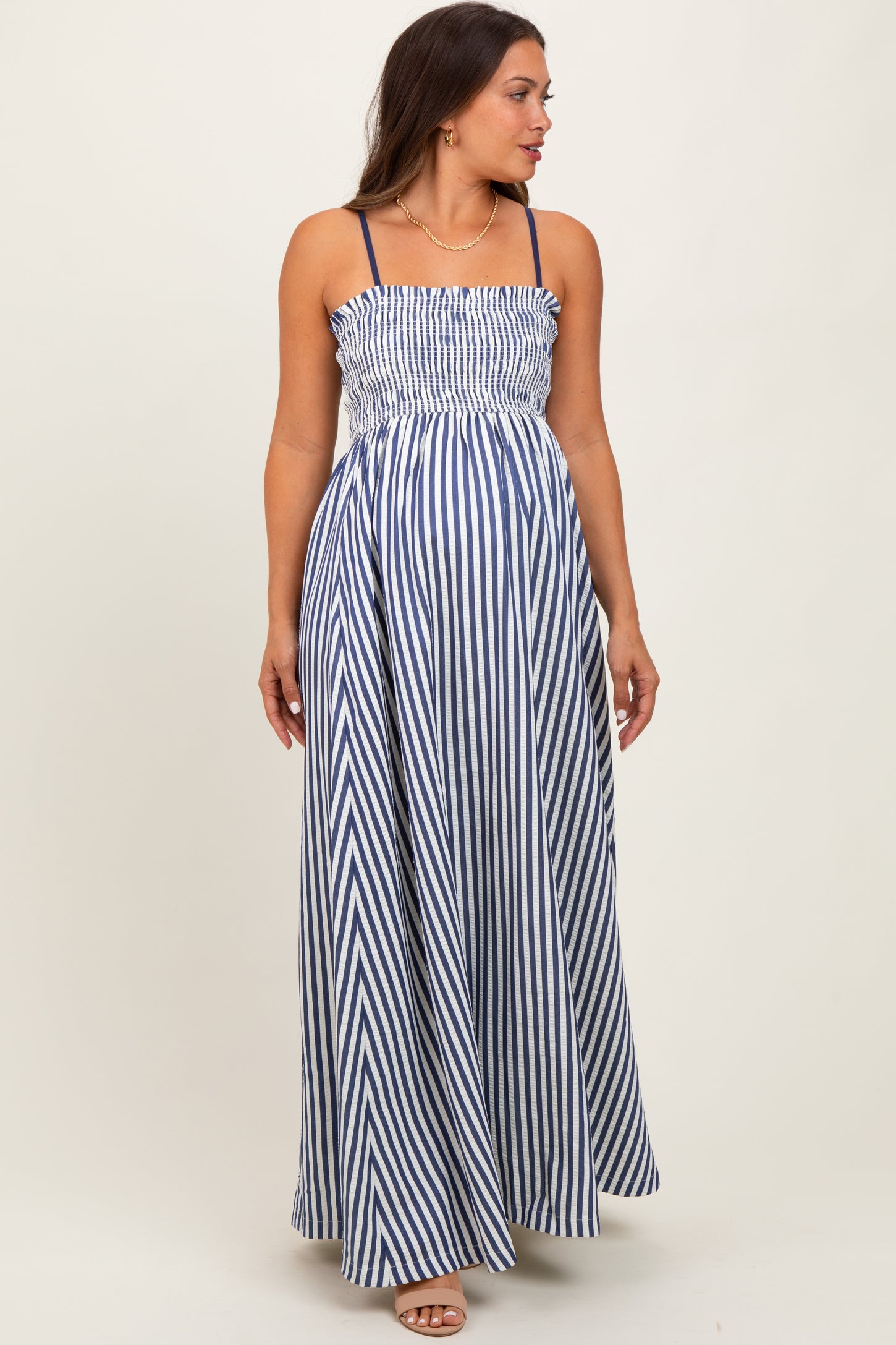 Navy Striped Sleeveless Smocked Poplin Maternity Maxi Dress