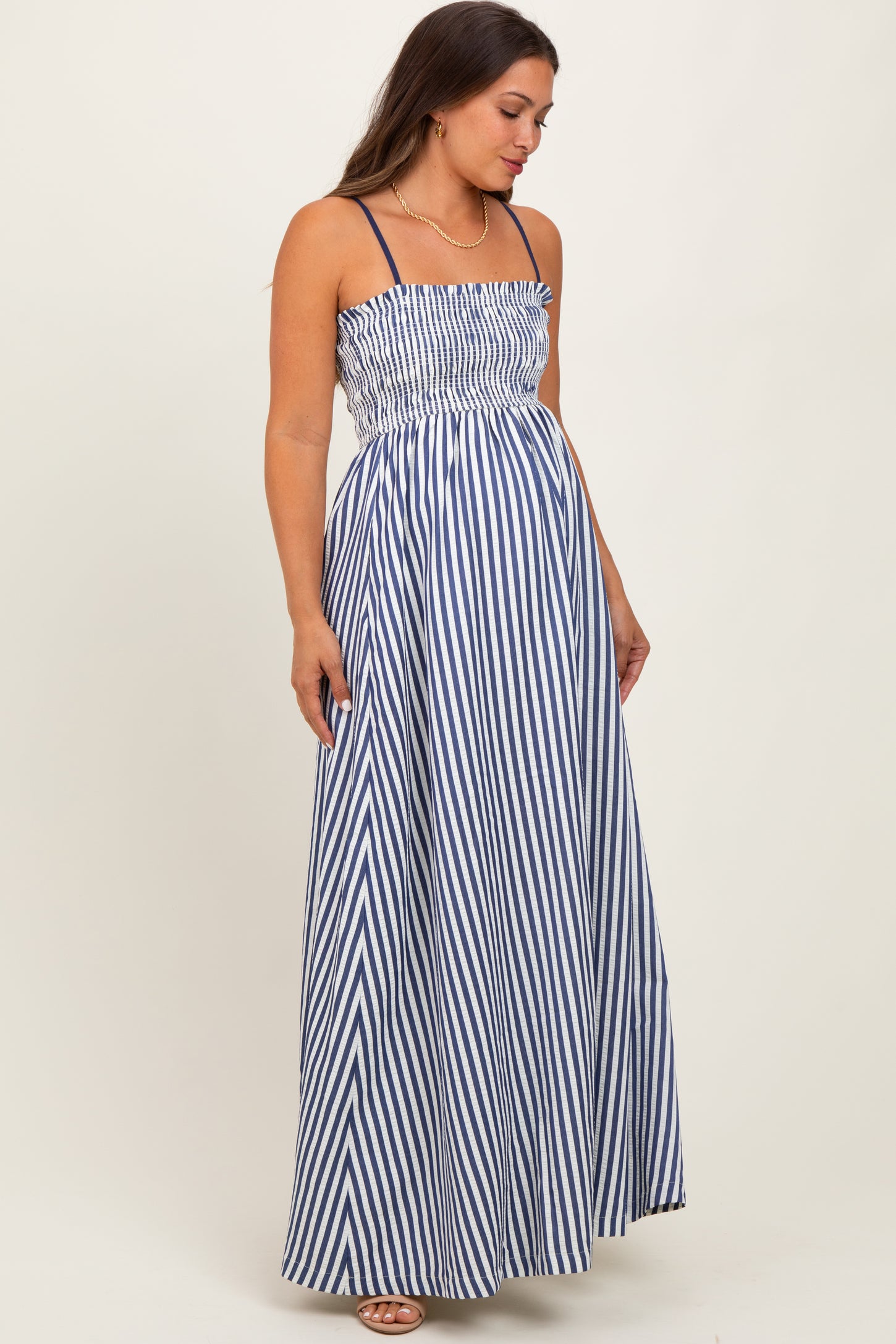 Navy Striped Sleeveless Smocked Poplin Maternity Maxi Dress