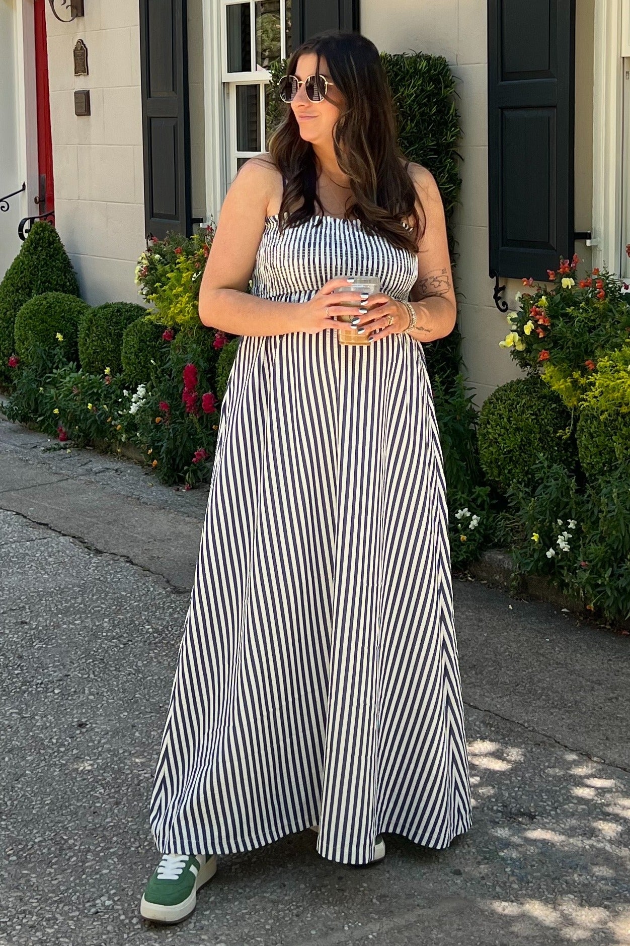 Navy Striped Sleeveless Smocked Poplin Maternity Maxi Dress