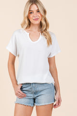 White Ribbed Notched Neckline Top